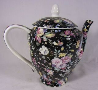 Vintage Stechcol Gracie bone China Black Floral Teapot Lid 4 cups capacity 32oz 3