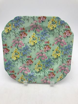 Shelley Melody Chintz England 8 1/4 In Luncheon Plate Square Green Trim