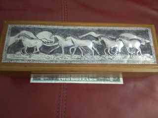 Hand Made Wood And Metal Engraved Box With Horses Scene Thailand