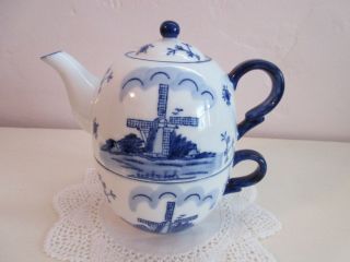 Blue Delft Made In Holland Tea Pot And Cup With Windmill Design