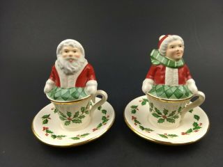 Lenox Santa & Mrs Claus In Holly Tea Cup Christmas Salt And Pepper Shakers Set