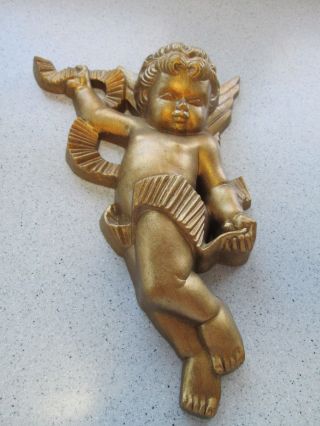 2 Mid Century Hollywood Glam Gold Cherubs Angels With Ribbon Rococo Gilded