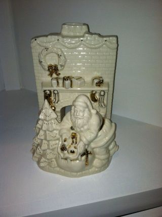 Lenox White Porcelain Santa & Fireplace Tealight Candle Holder W/ Gold Accents