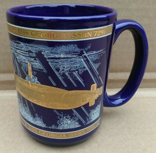 Uss Georgia Ssbn - 729 Blue With Gold Embossed Submarine Coffee Cup Mug Vgc