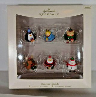 Dancing Friends Miniature Holiday Hallmark Ornaments 6 In Pkg Elf Santa Snowman