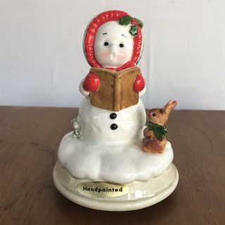 Otagiri Ceramic Girl Snowman Caroler Music Box White Christmas Gibson Card Japan