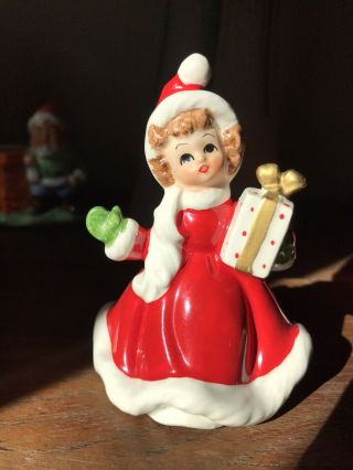 Sweet Vtg Lefton Christmas Girl Holding Present Figurine - 1665