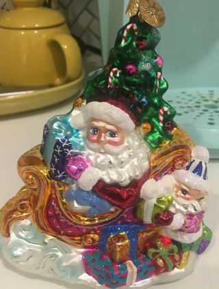 Christopher Radko Santa Elf Sleigh Trim A Tree O Glass Christmas Ornament 6 Inch