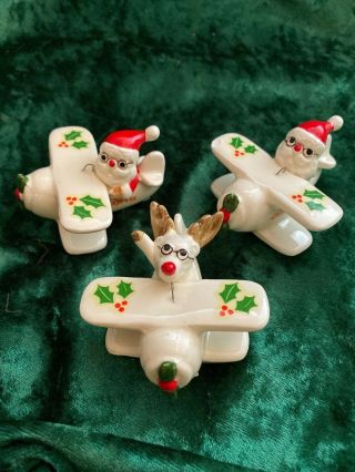 3 - Fitz And Floyd 1978 Holly Express Christmas Ornament Biplane Airplane 2.  5 "