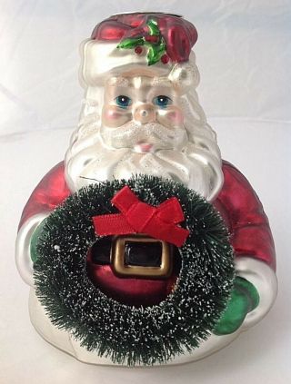 Dept 56 Mercury Glass Santa Claus Taper Candle Holder Wreath Hand Painted Blown