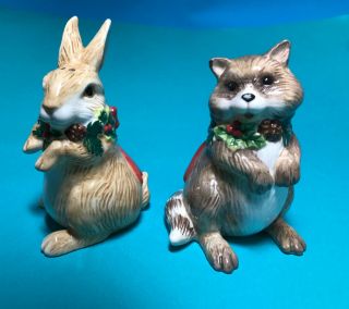 Fitz And Floyd Salt & Pepper Woodland Snowman Raccoon & Rabbit