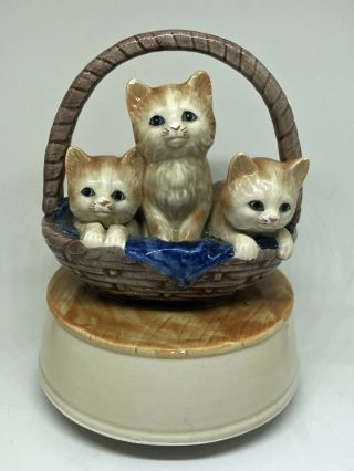 Vintage Porcelain Otagiri Japan Cats Kittens In A Basket Revolving Music Box