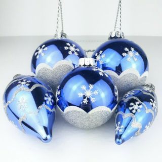 Radko Celebrations Blue Silver White Snowflake Ornaments Set Of 5