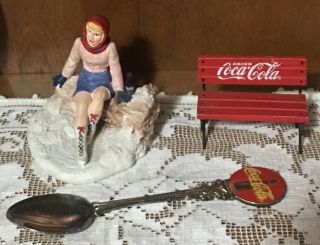 Set Of 3 90s Coca Cola Coke Soda Ice Skating Girl Figurine Mini Bench And Spoon