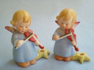 2 Vintage Hummel Germany Angels Playing Violins W.  Star Candle Holders Christmas