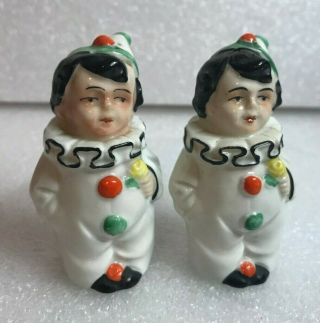 Vintage Germany Hand - Painted Porcelain Ceramic Clown Salt & Pepper Shakers