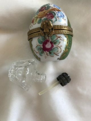 Vintage Peint Main Limoges Porcelain Egg Shaped Trinket Box W/ Perfume Bottle