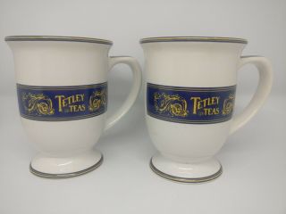 Tetley Tea Cups Set Of 2 Ceramic Mugs Blue & Gold Logo W/ Some Flaws