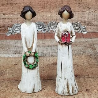 Vintage Angel Figurines Set Of 2 Carved Holiday Christmas Statues 8 "