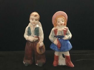 2 Vintage Japan Bisque Porcelain Frozen Charlotte Cowboy Cowgirl Figurines 3 "