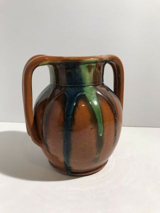 Vintage Mini Double Handle Art Deco Made In Belgium Drip Glaze Pottery Vase