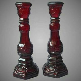Avon 1876 Cape Cod Ruby Red Glass Candlesticks Candle Holders 8 1/2 "