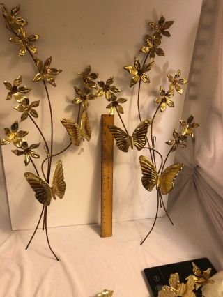 Vintage Set Of 2 Butterflies And Flowers Brass Wall Hangings,  25 " Long