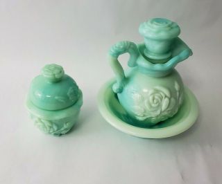 Vintage Avon Small Pitcher & Bowl With Stopper Green Teal Aqua Rose Embossed 6 "