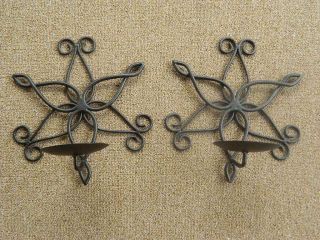 Pair Brown Wrought Iron Metal Floral Wall Sconces Hanging Pillar Candle Holders