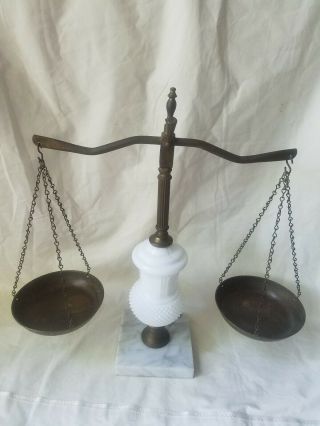 Vintage Fenton ? Scales Of Justice Prop Scale Brass Marble Base Milk Glass