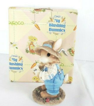Enesco My Blushing Bunnies " Boy Wearing Overalls " Gardening Figurine 1996 Vtg