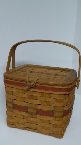 Vintage Longaberger Handled Basket W/ Lid Red & Green Stripes