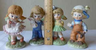 Vintage Homco Figurines Boy And Girl Bunny Carrots And Birds 1424 Set Of 4