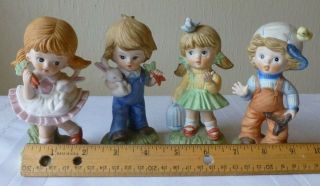 Vintage Homco Figurines Boy and Girl Bunny Carrots and Birds 1424 Set of 4 2