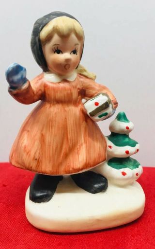 Vintage Napco Christmas Girl Figurine Holding Present Napcoware 9487 3.  5”