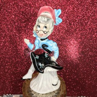 Vtg Enesco Busy Biddy Old Lady Granny Shopper Girl Purse Umbrella Figurine Japan