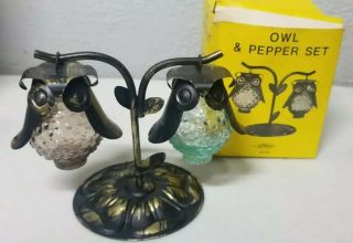 Vintage Hanging Glass Owls With Metal Stand Salt And Pepper Shakers