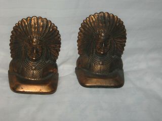 Antique Native American Indian Chief Bookends Copper Clad Cast Iron Bronze