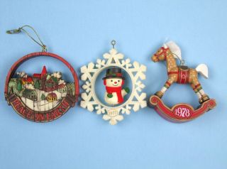 Vintage Hallmark Ornaments 1975 Peace On Earth 1977 Snowman 1978 Rocking Horse