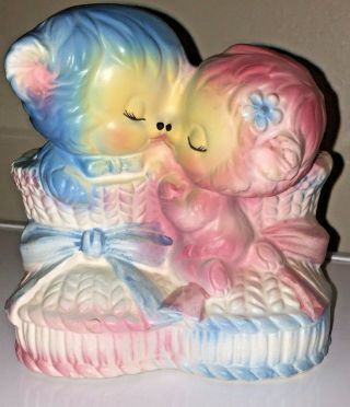 Vintage Baby Blue & Pink Teddy Bears Kissing Ceramic Planter Made In Japan 0/0