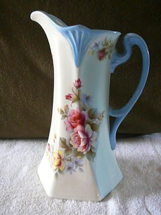 Vintage Hand Painted Large Ceramic Pitcher Vase Red Roses,  Blue Trim,  10 1/2 "