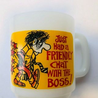 Glasbake  Friendly Chat With Boss  Milk Vintage Coffee Mug Cup Paula Co.  1980