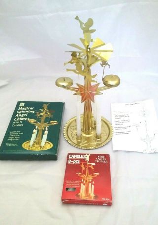 Vintage Angel Chimes Christmas Gold Metal Candle Holder & White Candles