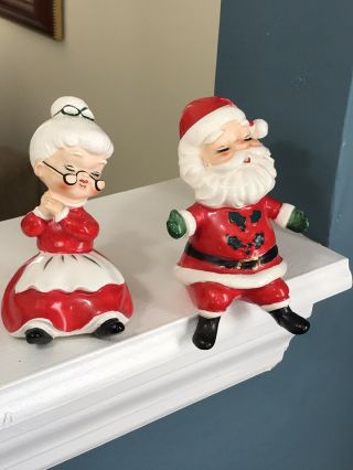 Vtg Mid Century Lefton Christmas Mr & Mrs Santa Claus Shelf Sitter Figurines