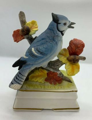 Towle Blue Jay Music Box Somewhere Over The Rainbow Fall Leaves Acorn Porcelain