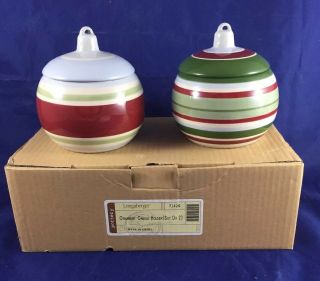 Longaberger Pottery Red Green Blue Striped Ornament Candle Holders Set Of 2