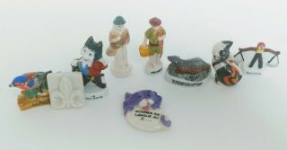 French Porcelain Feves Kings Cake Set Of 9 Mini Figurines Cats Bird Fleur De Lys