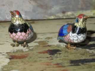 Pair 2 Chinese Cloisonne in Gift Box tiny colorful metal bird oriental 3