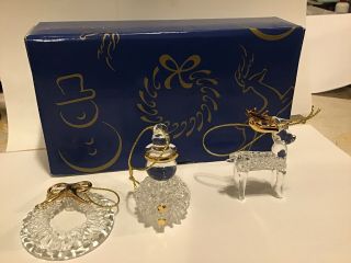 Spun Glass Christmas Ornaments W 22k Gold Set Of 3.  Wreath Snowman Reindeer 2000