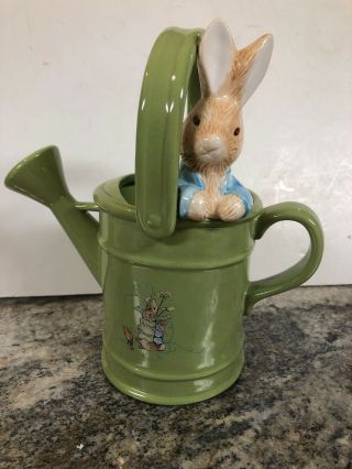 1999 Beatrix Potter Teleflora Green Ceramic Peter Rabbit Watering Can Figurine
